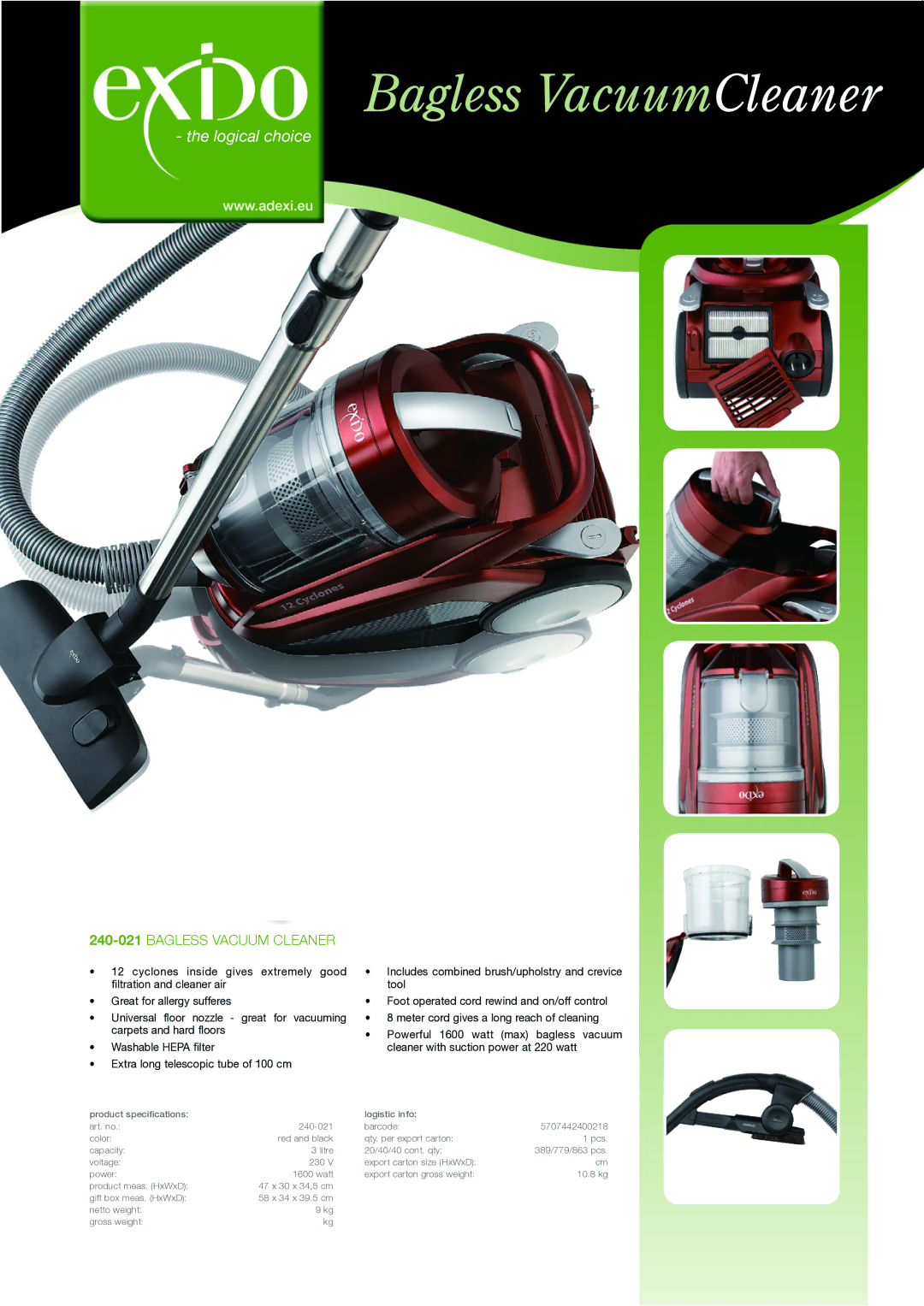 Melissa specifications Bagless VacuumCleaner, Logical choice, 240-021Bagless vacuum cleaner 