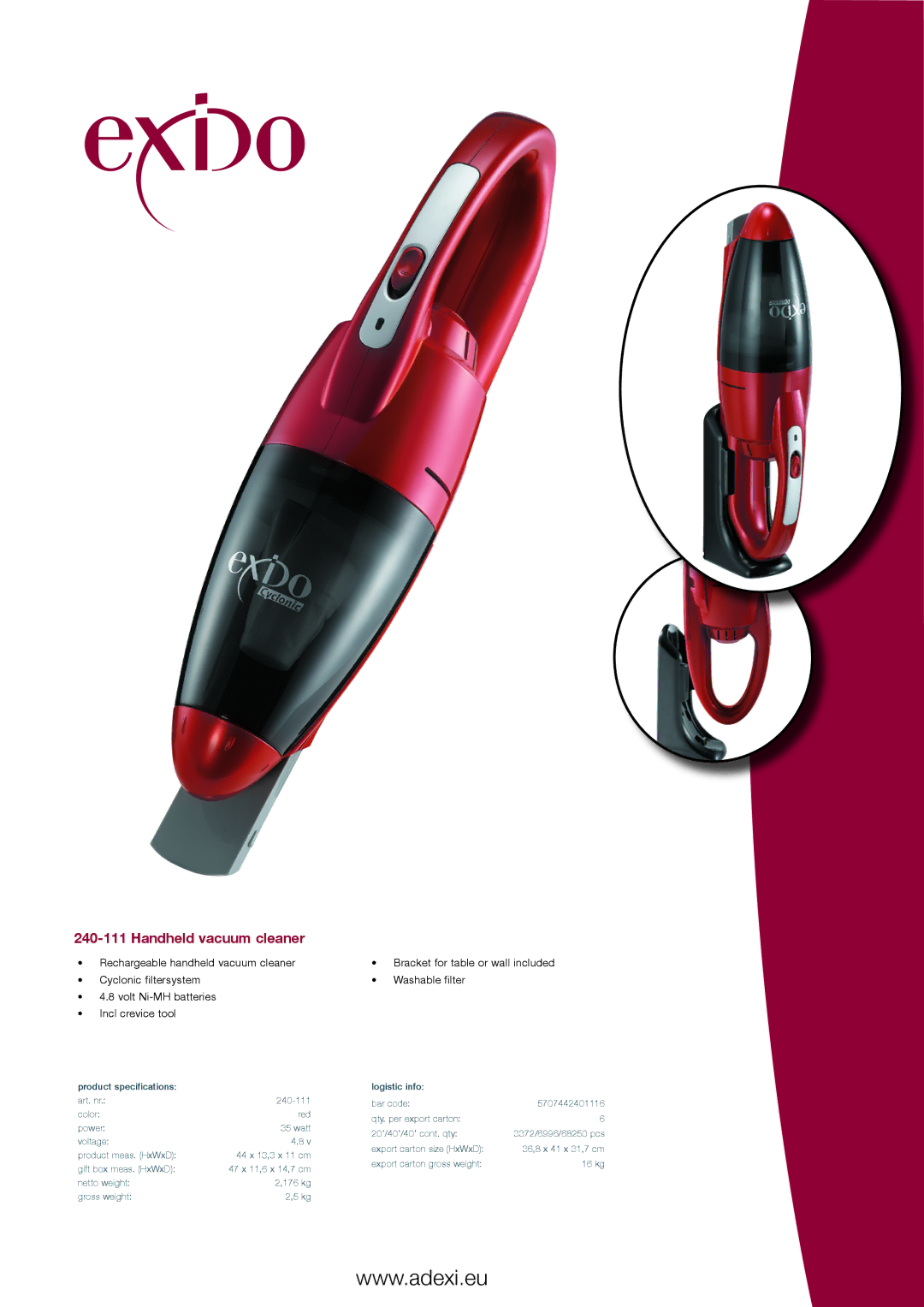 Melissa 240-111 specifications Handheld vacuum cleaner, Bracket for table or wall included Washable filter 