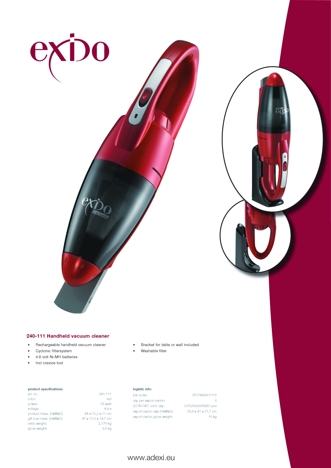 Melissa specifications 240-111Handheld vacuum cleaner, Rechargeable handheld vacuum cleaner, Incl crevice tool 