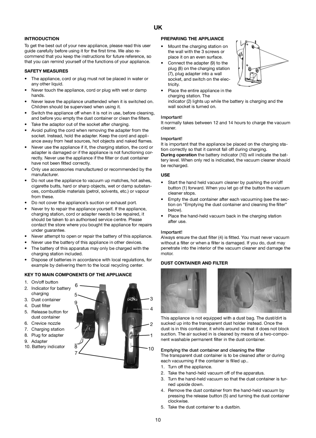 Melissa 240-112/113 Introduction Preparing the Appliance, Safety Measures, KEY to Main Components of the Appliance, Use 