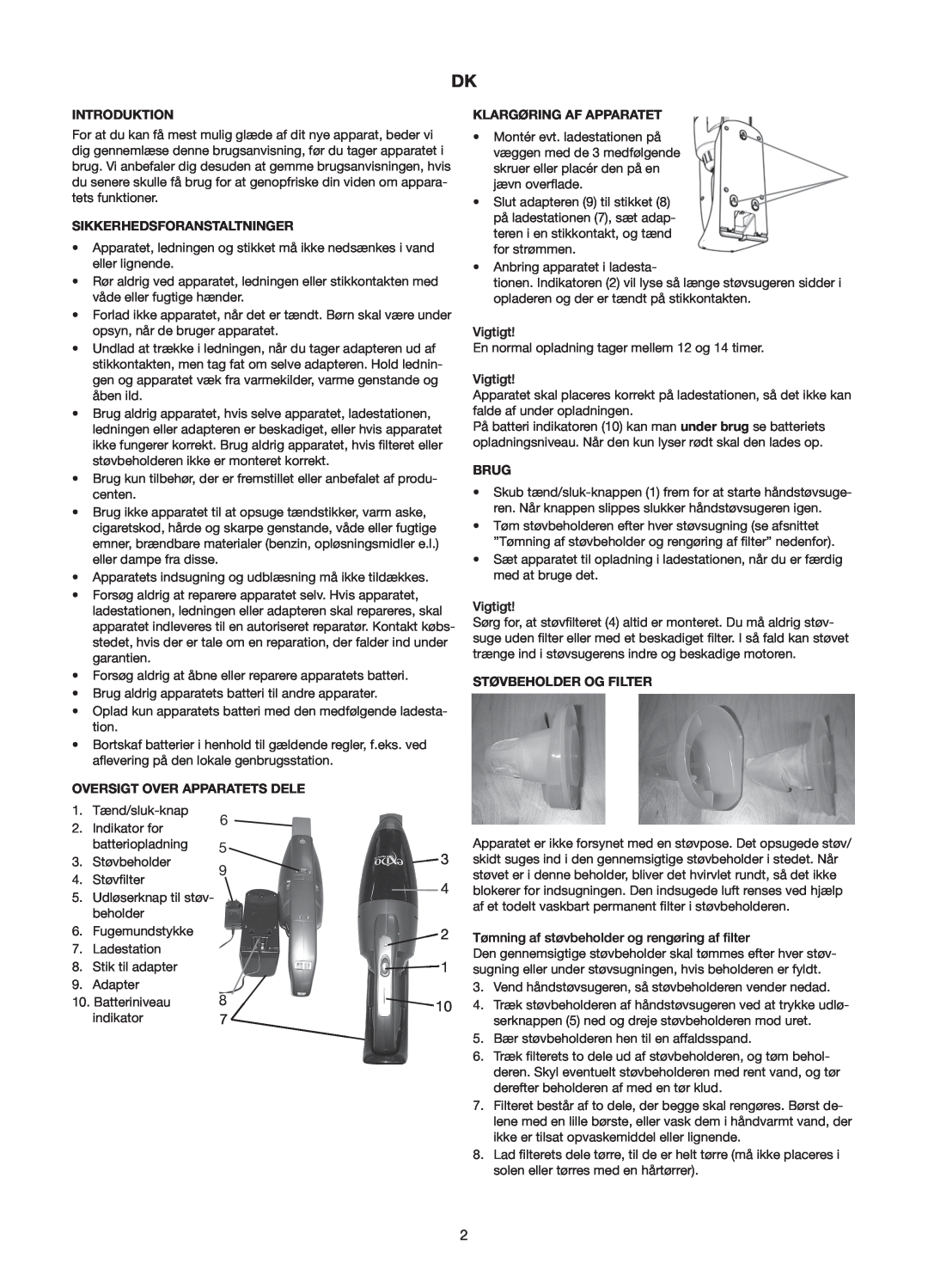 Melissa 240-112/113 manual Introduktion, Klargøring Af Apparatet, Sikkerhedsforanstaltninger, Brug, Støvbeholder Og Filter 