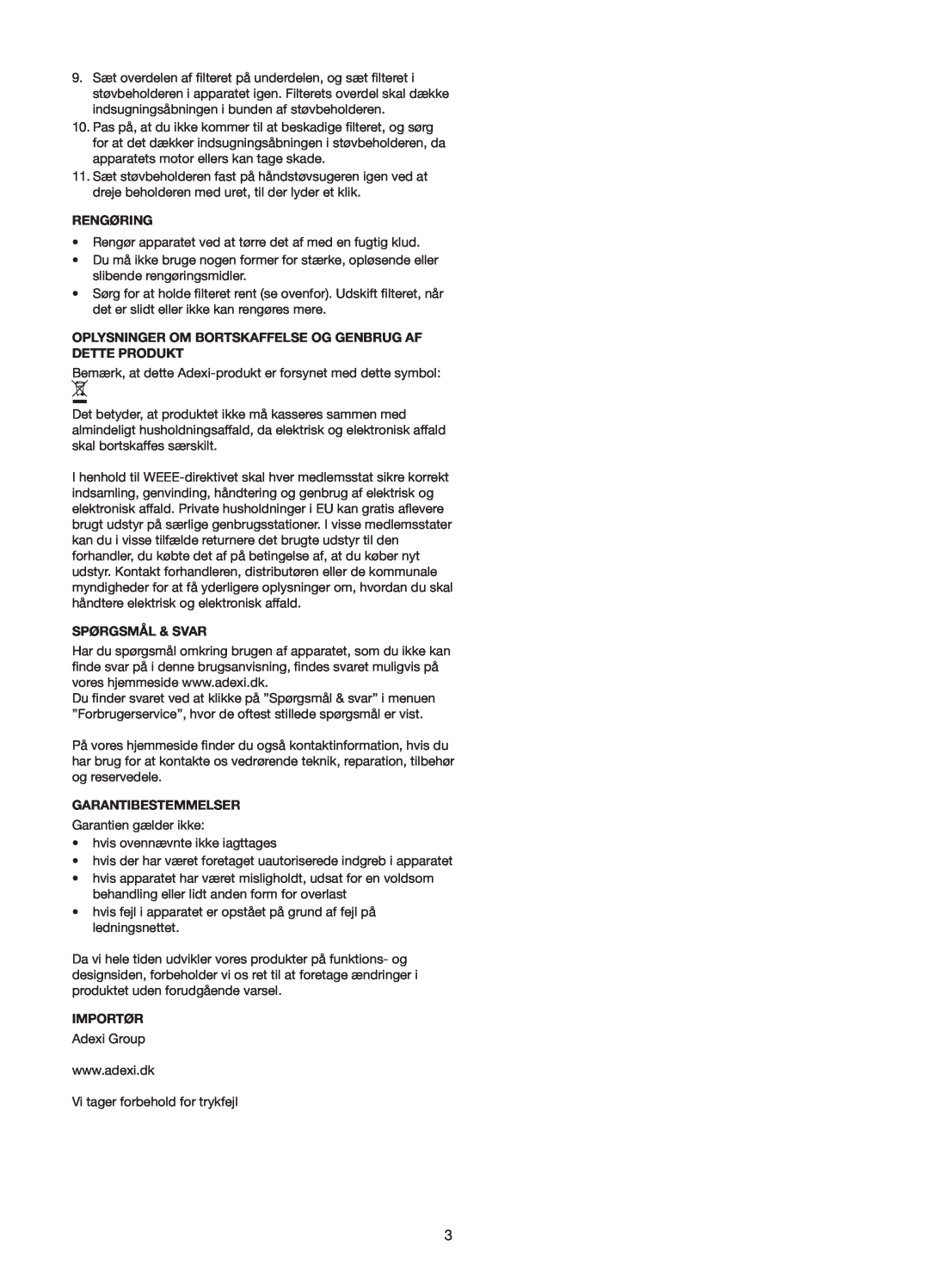 Melissa 240-112/113 manual Rengøring, Spørgsmål & Svar, Garantibestemmelser, Importør 