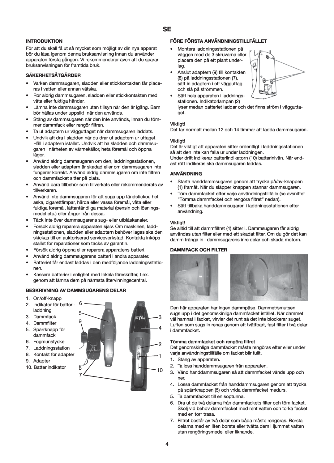 Melissa 240-112/113 manual Säkerhetsåtgärder, Före Första Användningstillfället, Dammfack Och Filter, Introduktion 