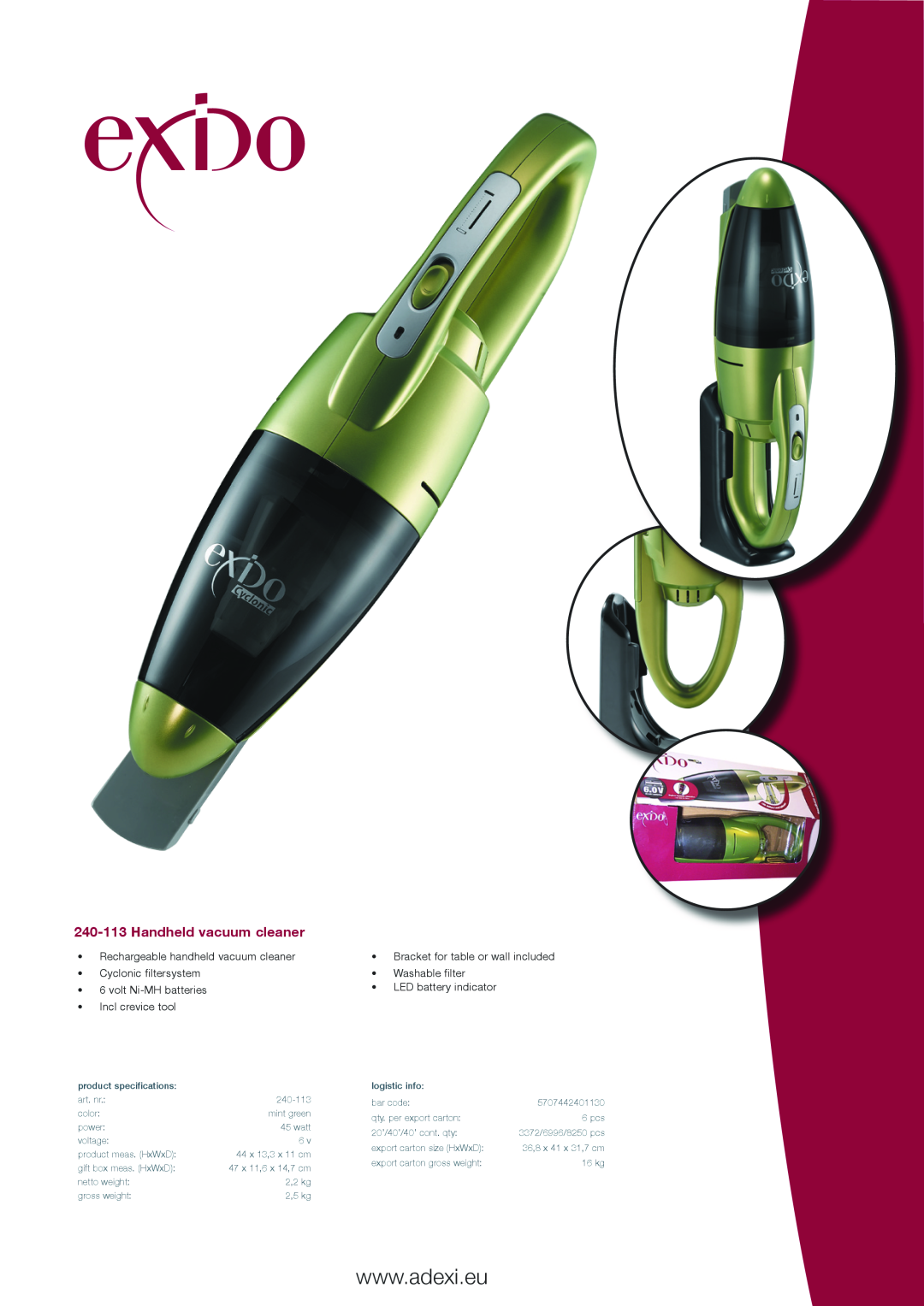 Melissa specifications 240-113Handheld vacuum cleaner, Rechargeable handheld vacuum cleaner, Incl crevice tool 