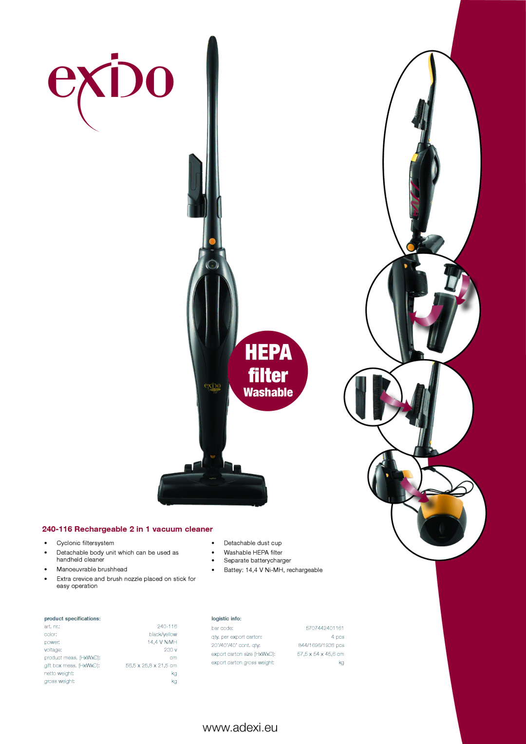 Melissa 240-116 specifications Hepa, Filter, Washable, Rechargeable 2 in 1 vacuum cleaner 