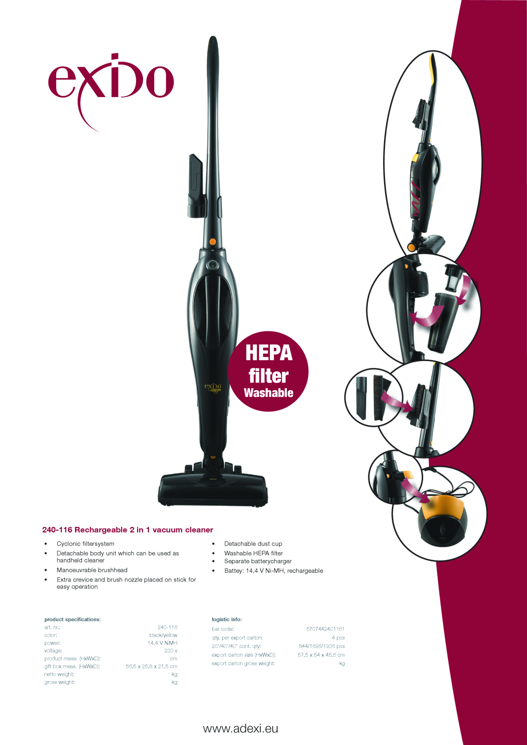Melissa specifications Hepa, filter, Washable, 240-116Rechargeable 2 in 1 vacuum cleaner 