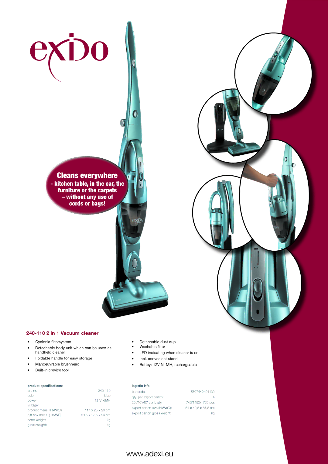 Melissa 240110 specifications Cleans everywhere, Without any use of cords or bags, 240-110 2 in 1 Vacuum cleaner 