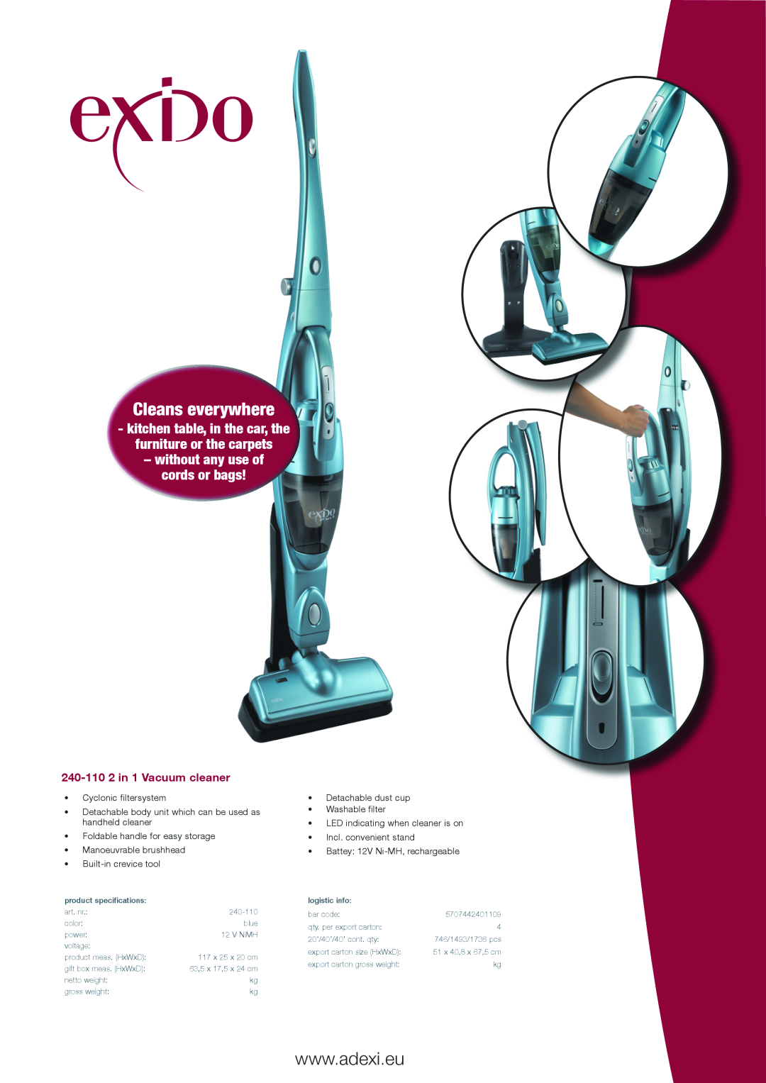 Melissa 240110 specifications Cleans everywhere, without any use of cords or bags, 240-1102 in 1 Vacuum cleaner 