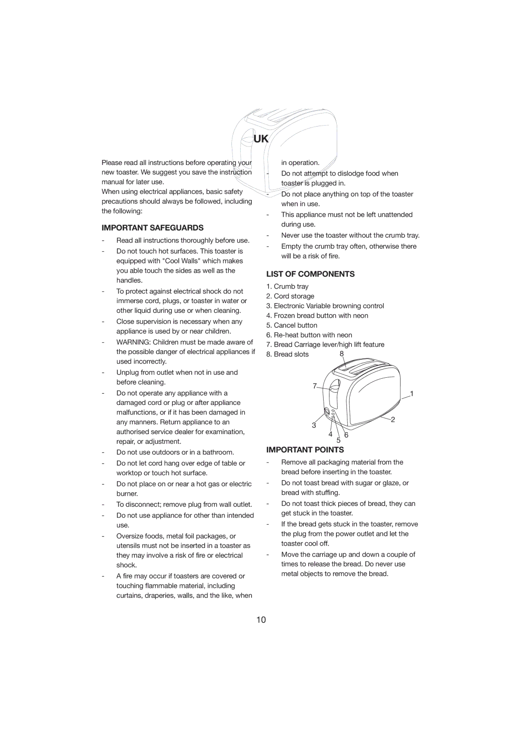 Melissa 243-001 manual Important Safeguards, List of Components, Important Points 