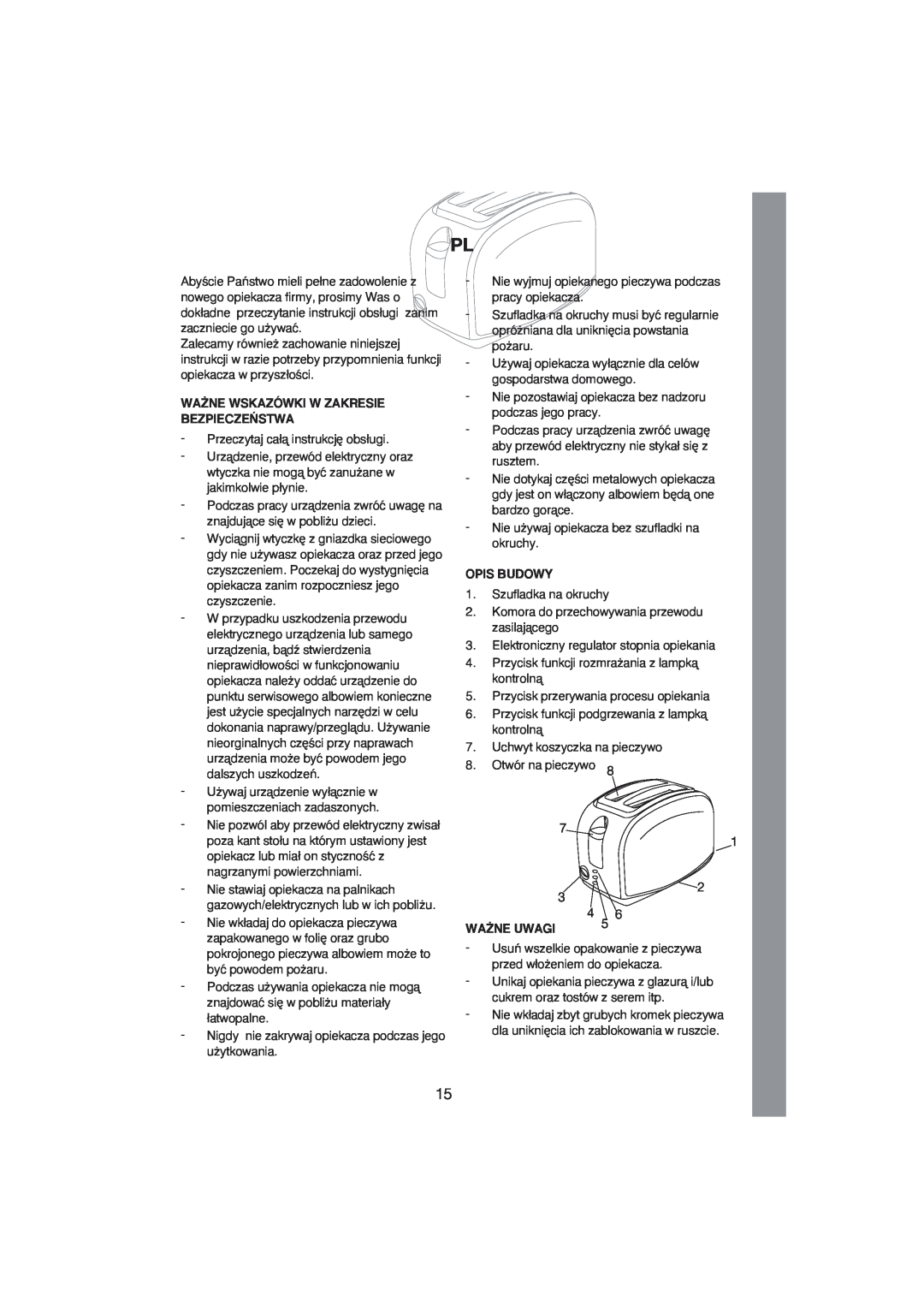 Melissa 243-001 manual Wa˚Ne Wskazówki W Zakresie Bezpiecze¡Stwa, Opis Budowy, Wa˚Ne Uwagi 