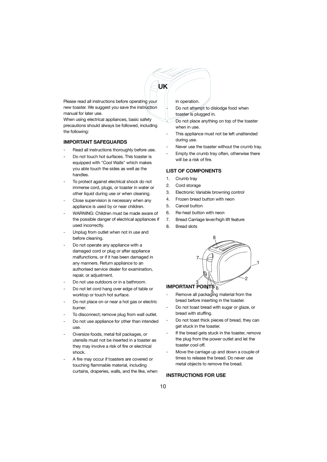 Melissa 243-002 manual Important Safeguards, List of Components, Important Points 4, Instructions for USE 