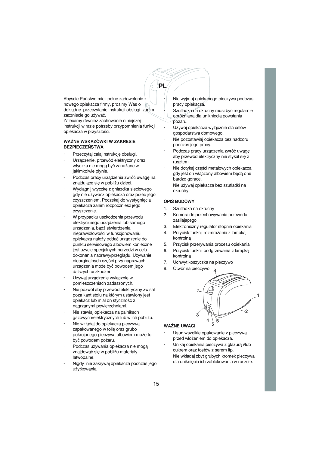 Melissa 243-002 manual Wa˚Ne Wskazówki W Zakresie Bezpiecze¡Stwa, Opis Budowy, Wa˚Ne Uwagi 