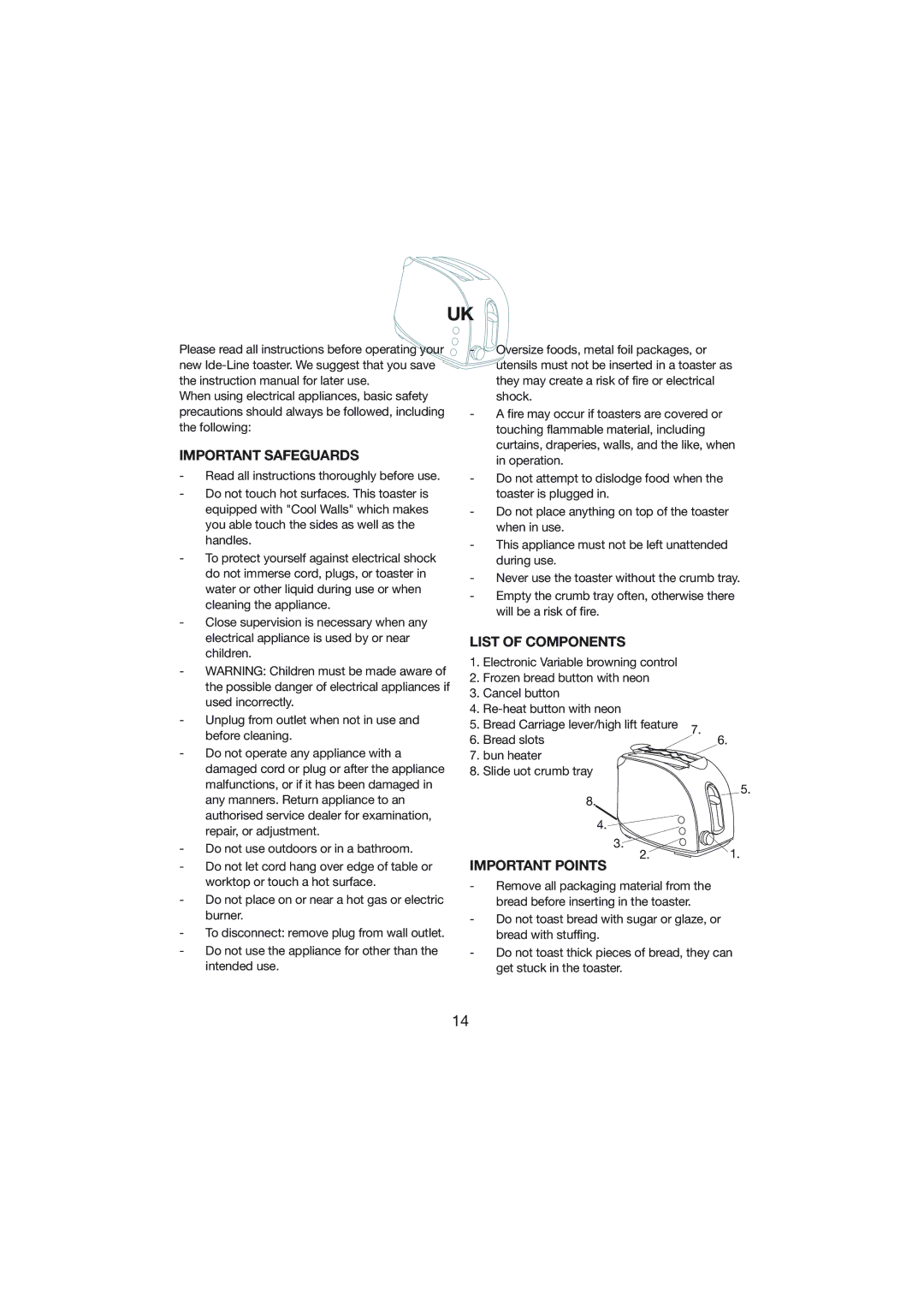 Melissa 243-007 Important Safeguards, List of Components, Important Points, Bread slots Bun heater Slide uot crumb tray 