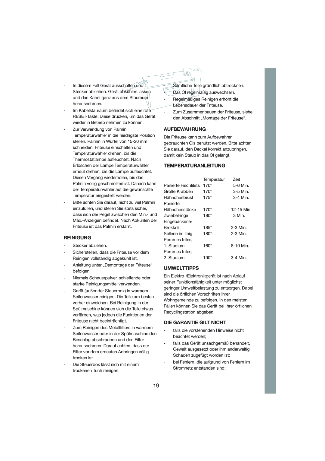 Melissa 243-009 manual Reinigung, Aufbewahrung, Temperaturanleitung, Umwelttipps, DIE Garantie Gilt Nicht 