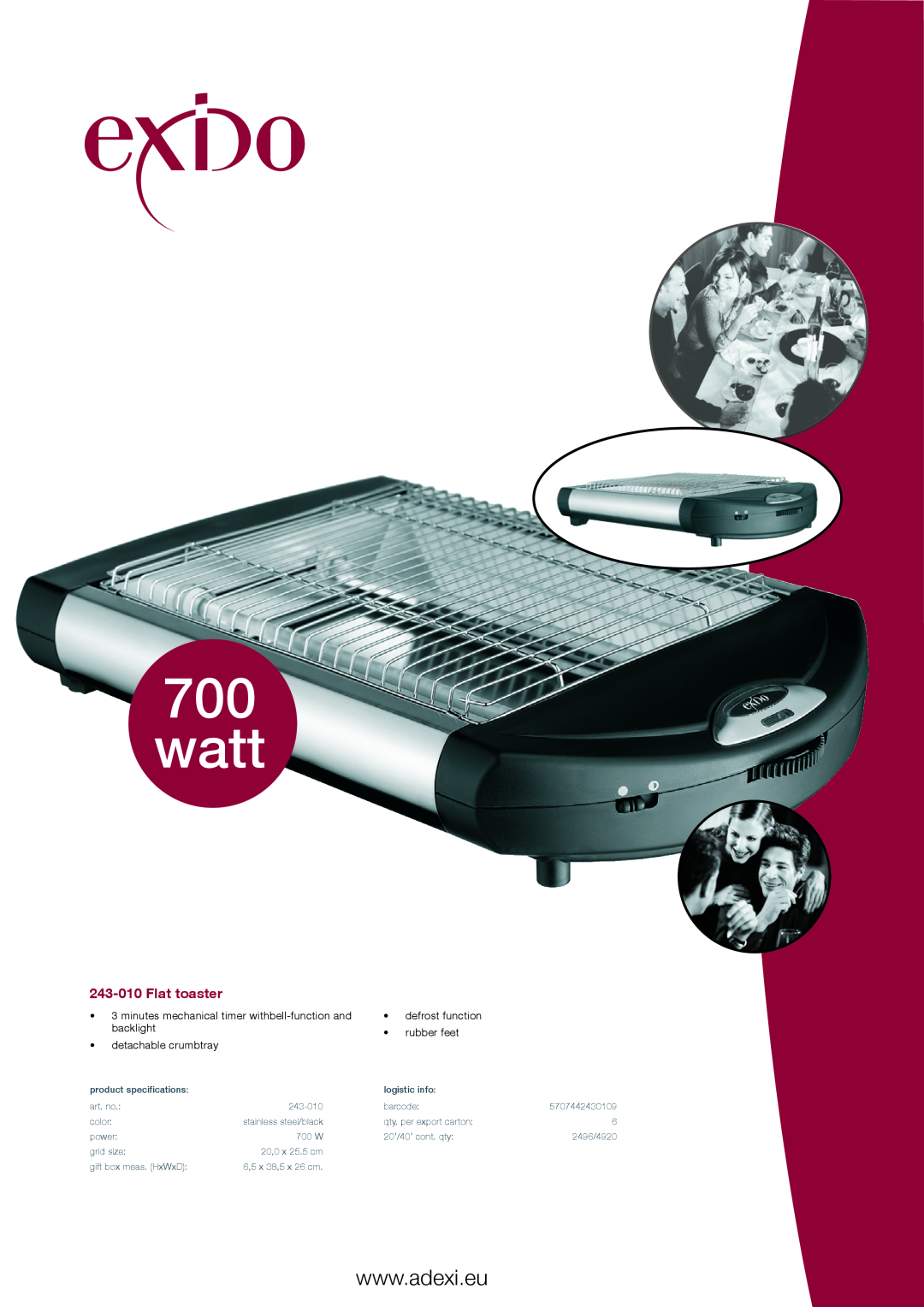 Melissa specifications watt, 243-010Flat toaster, detachable crumbtray, defrost function rubber feet 