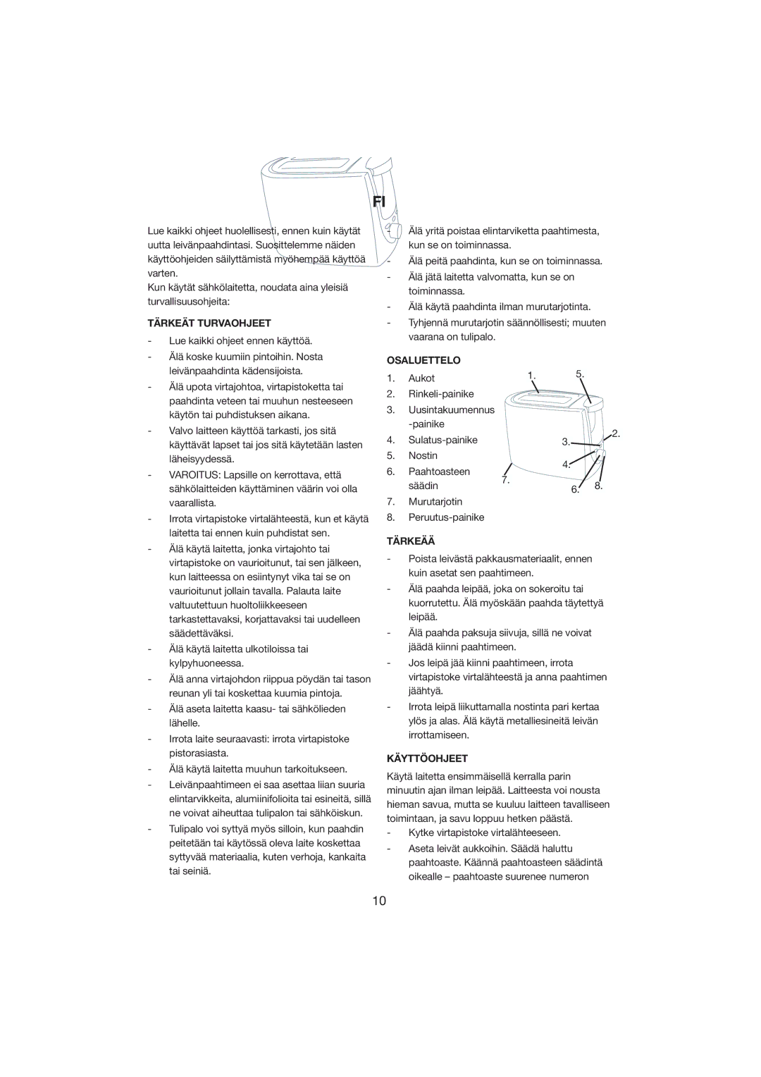 Melissa 243-011 manual Tärkeät Turvaohjeet, Tyhjennä murutarjotin säännöllisesti muuten, Osaluettelo 