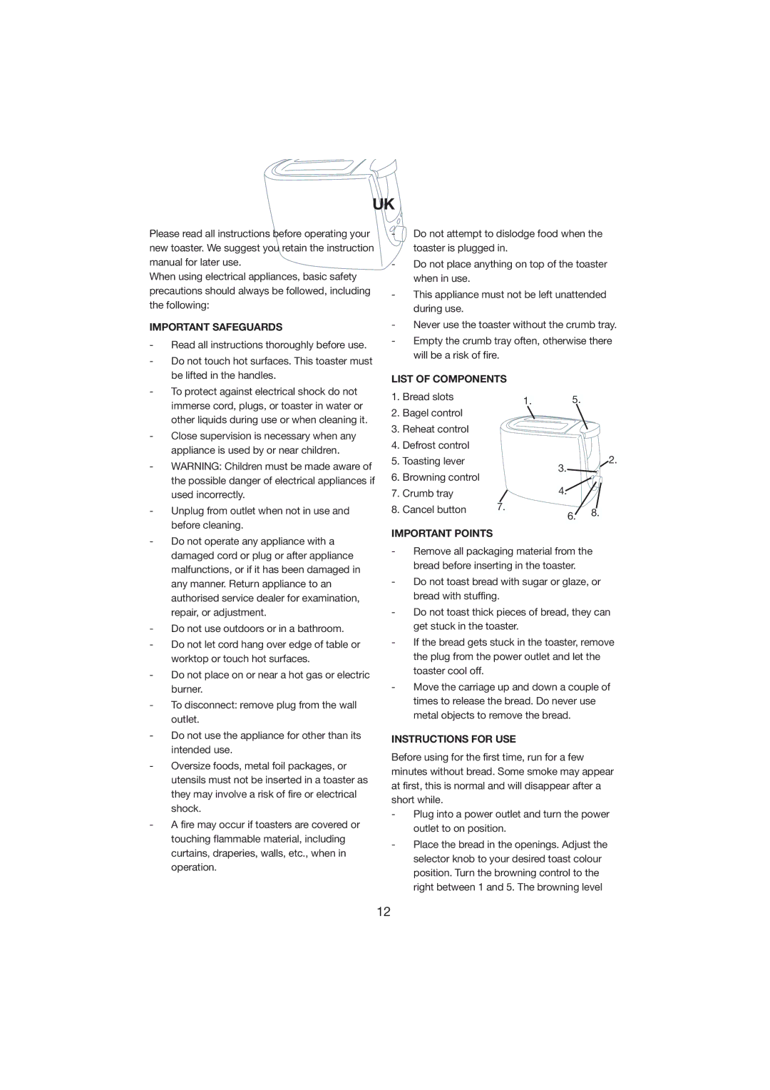 Melissa 243-011 manual Important Safeguards, List of Components, Important Points, Instructions for USE 