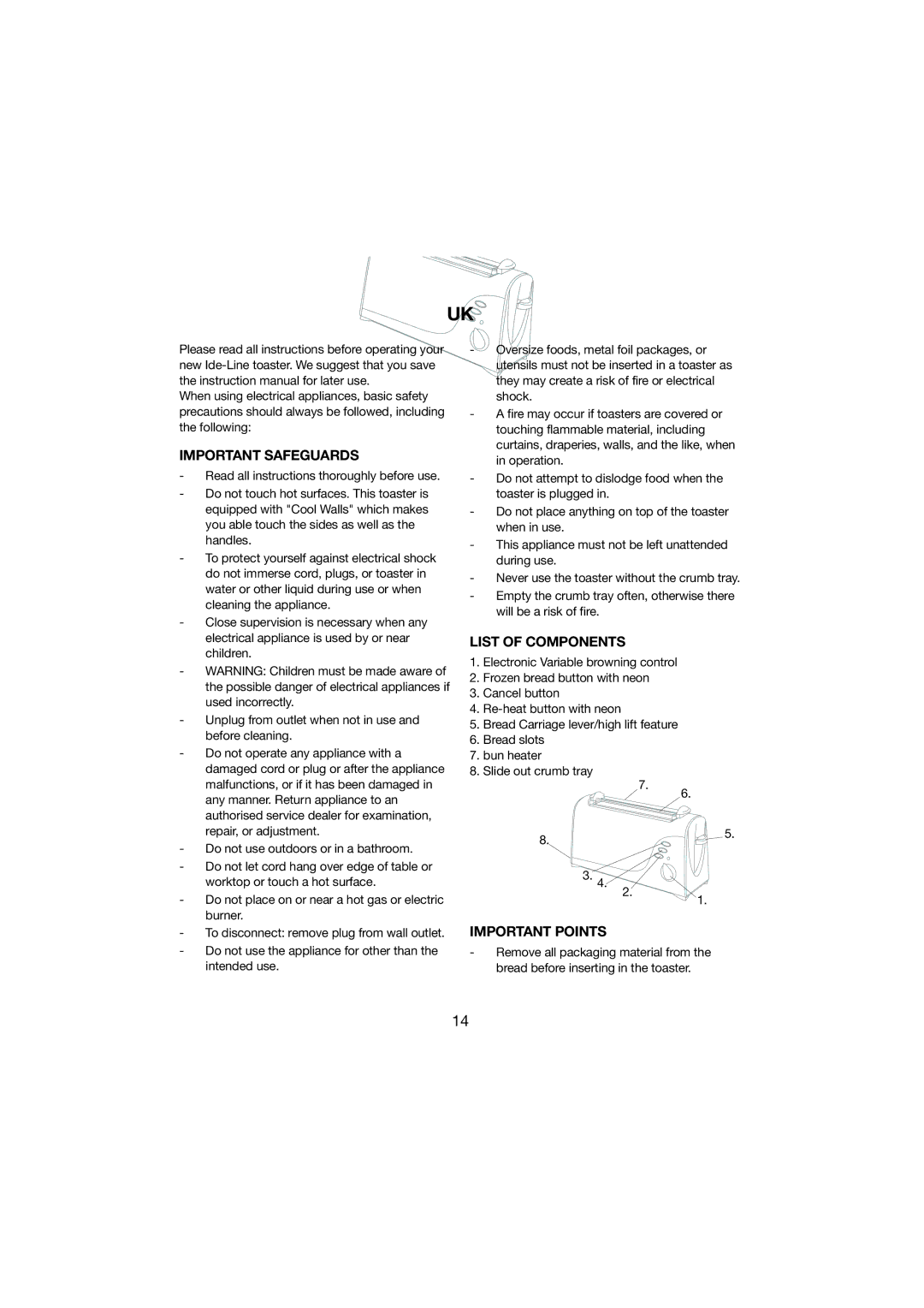 Melissa 243-012 manual Important Safeguards, List of Components, Important Points 