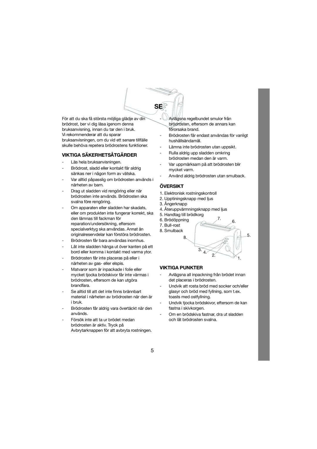 Melissa 243-012 manual Viktiga Säkerhetsåtgärder, Översikt, Viktiga Punkter 