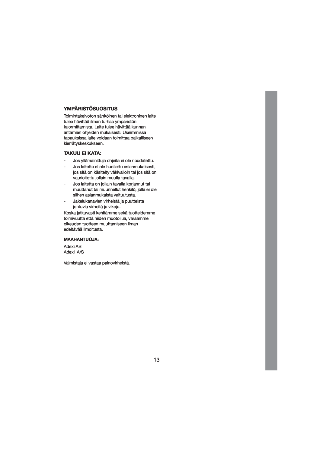 Melissa 243-012 manual Ympäristösuositus, Takuu Ei Kata, Maahantuoja 