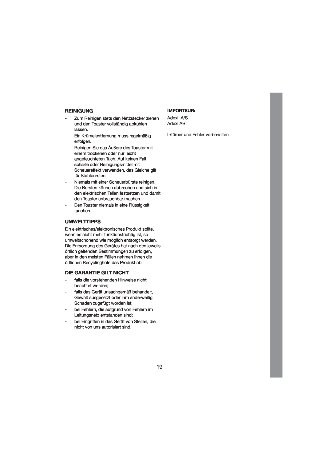 Melissa 243-012 manual Reinigung, Umwelttipps, Die Garantie Gilt Nicht, Importeur 