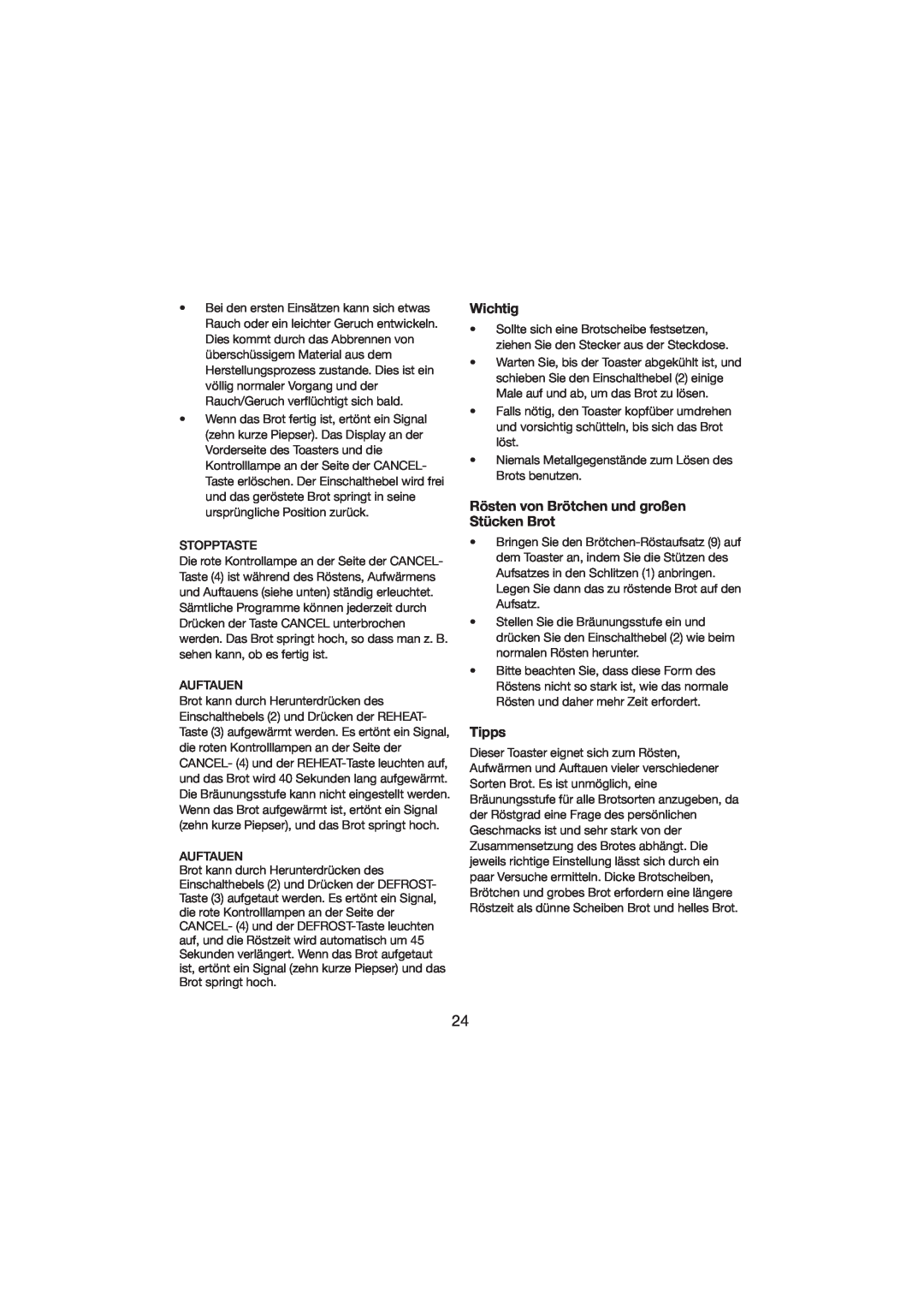 Melissa 243-015 manual Wichtig, Rösten von Brötchen und großen Stücken Brot, Tipps 