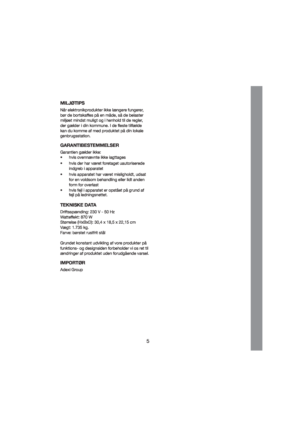 Melissa 243-015 manual Miljøtips, Garantibestemmelser, Tekniske Data, Importør 