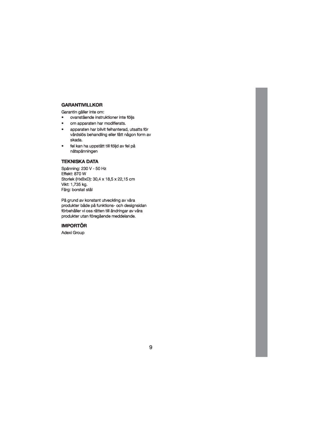Melissa 243-015 manual Garantivillkor, Tekniska Data, Importör 