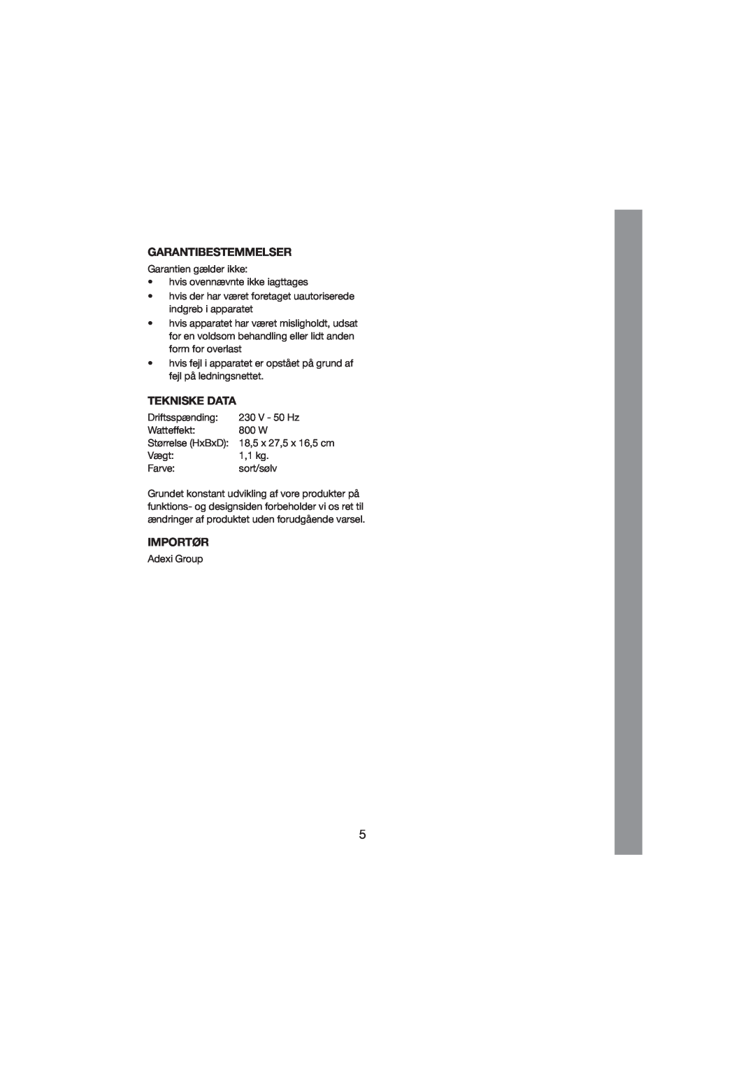 Melissa 243-016 manual Garantibestemmelser, Tekniske Data, Importør 