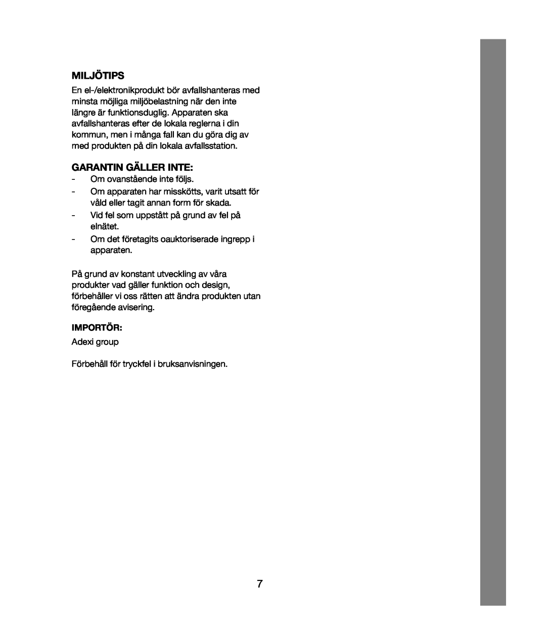 Melissa 243-020 & 021 manual Miljötips, Garantin Gäller Inte, Importör 
