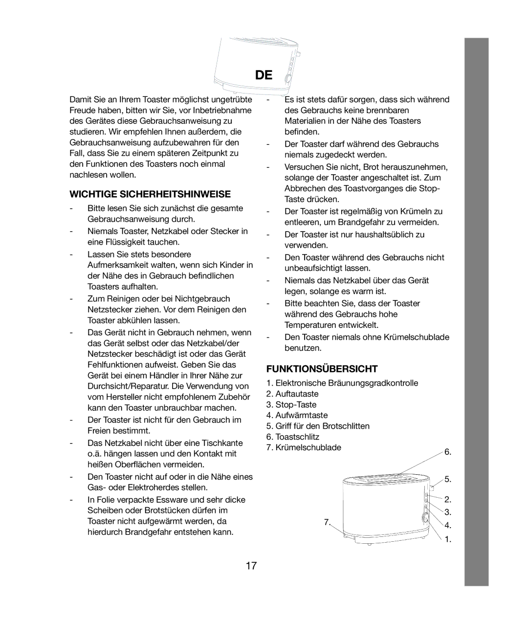 Melissa 243-020 manual Wichtige Sicherheitshinweise, Funktionsübersicht 