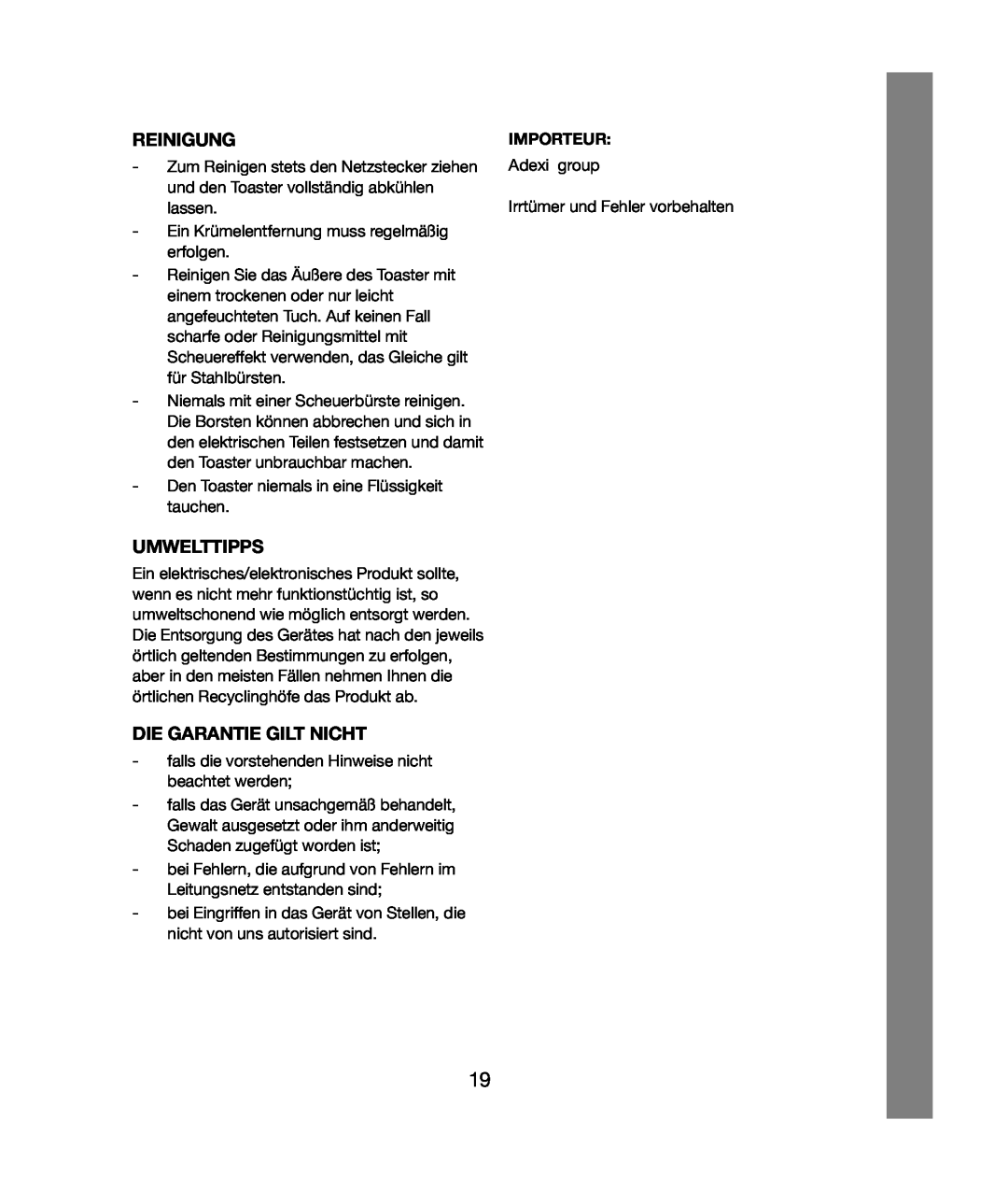 Melissa 243-020 manual Reinigung, Umwelttipps, Die Garantie Gilt Nicht, Importeur 