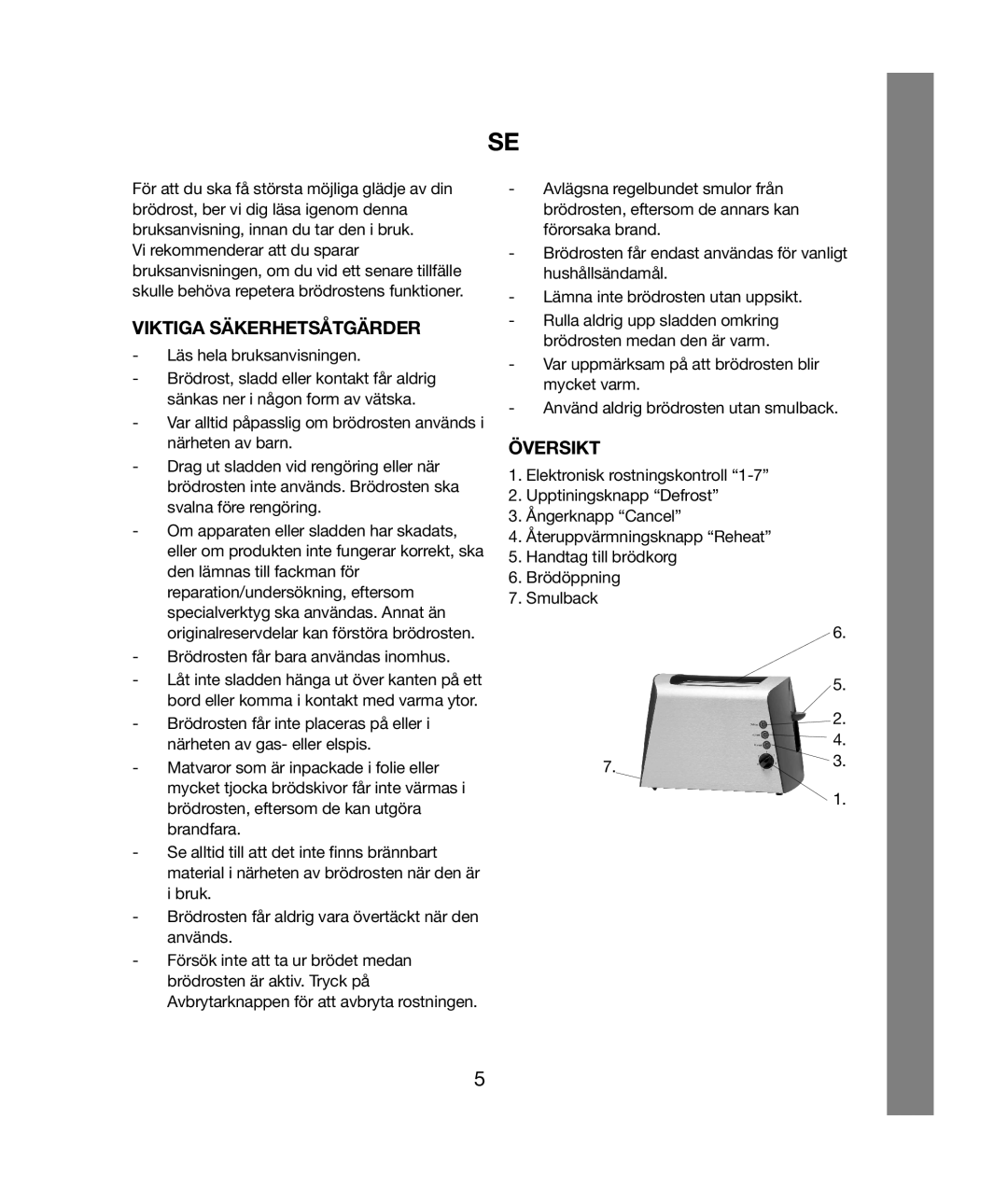 Melissa 243-023/034 Viktiga Säkerhetsåtgärder, Översikt, Läs hela bruksanvisningen, Brödrosten får bara användas inomhus 