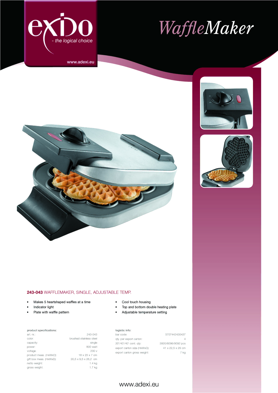 Melissa specifications WaffleMaker, Logical choice, 243-043Wafflemaker, single, adjustable temp 