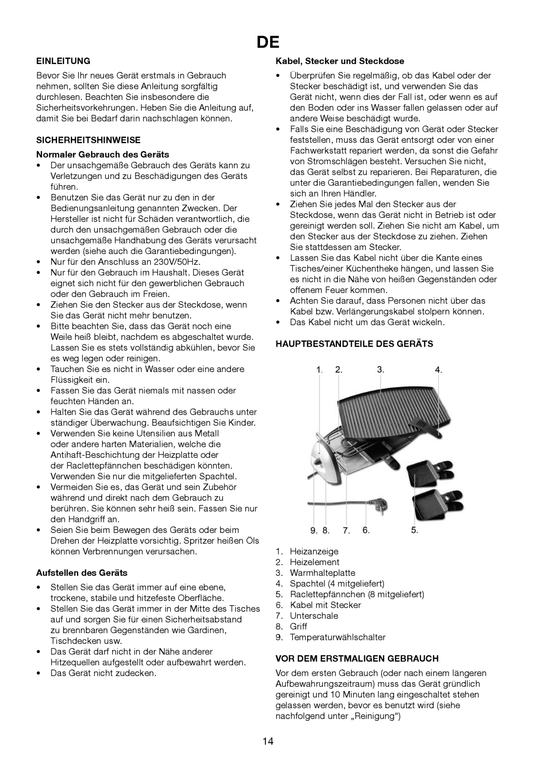 Melissa 243-045 manual Einleitung, Sicherheitshinweise, Hauptbestandteile DES Geräts, VOR DEM Erstmaligen Gebrauch 