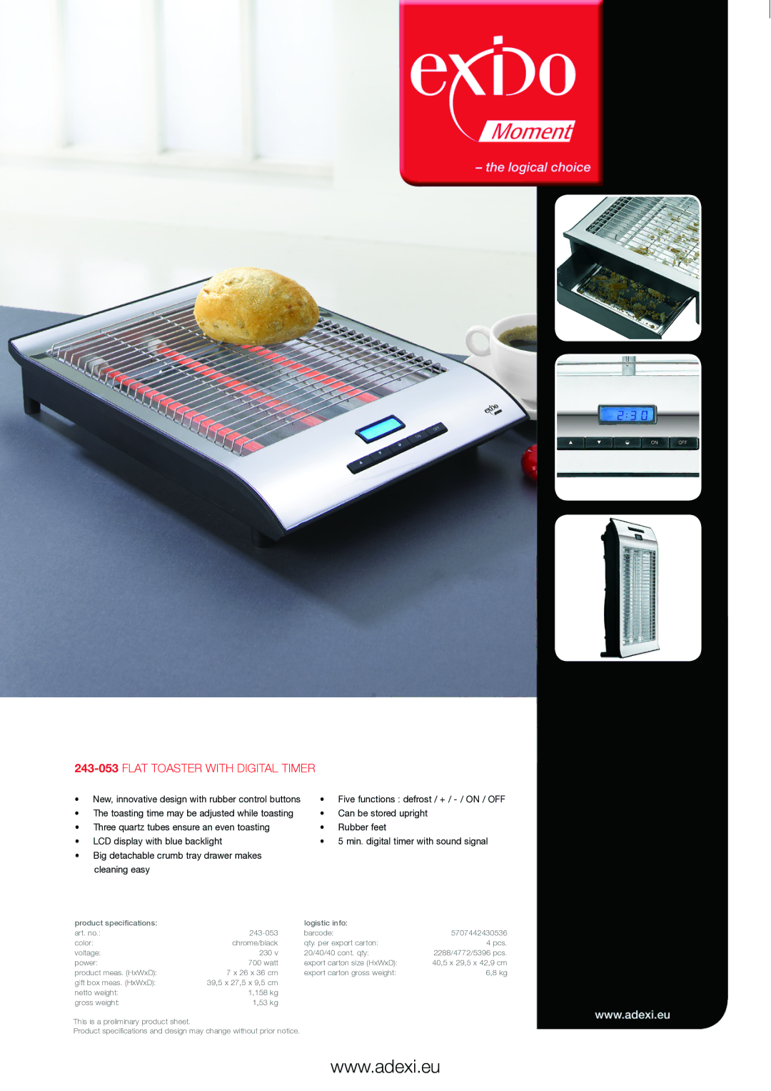 Melissa specifications 243-053Flat toaster with digital timer 