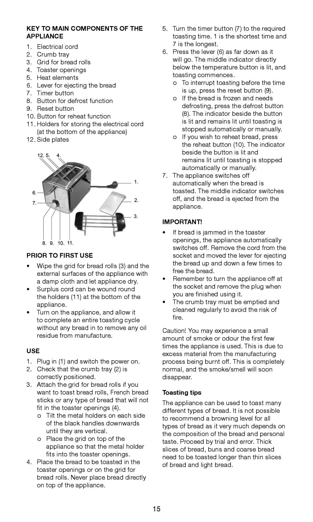 Melissa 243-056 manual KEY to Main Components of the Appliance, Prior to First USE, Use, Toasting tips 