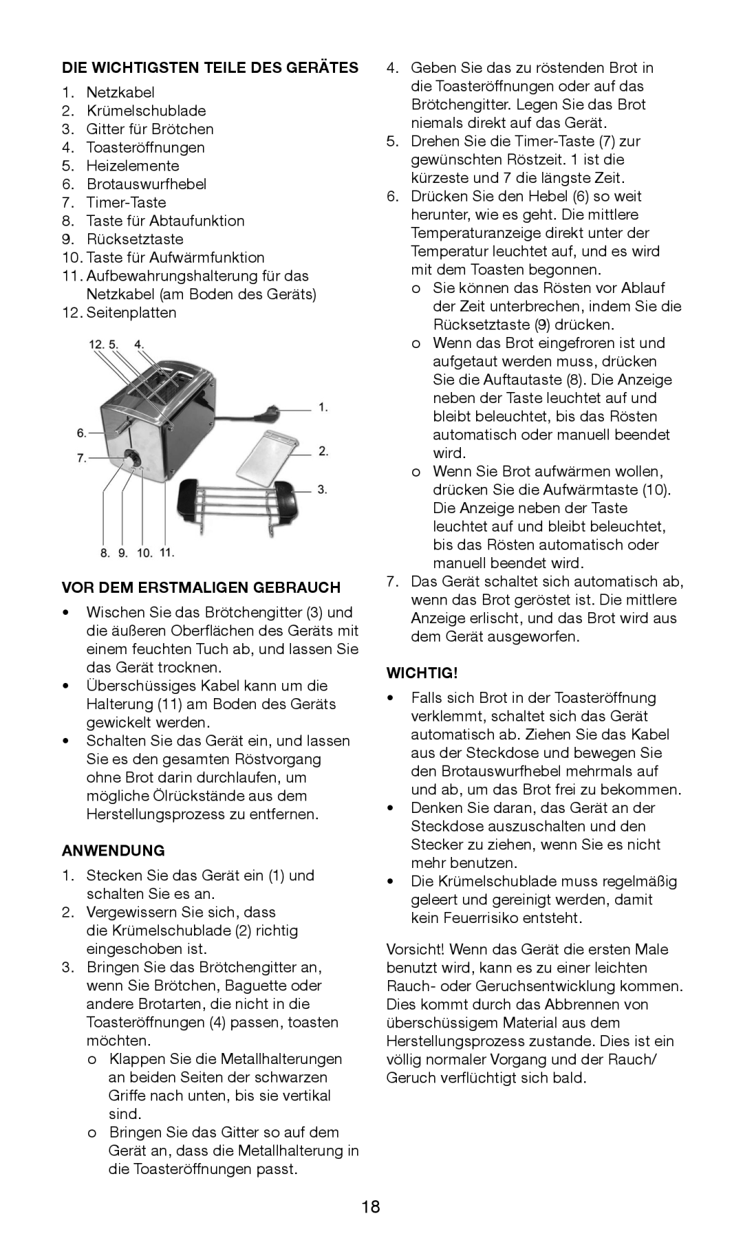 Melissa 243-056 manual DIE Wichtigsten Teile DES Gerätes, VOR DEM Erstmaligen Gebrauch, Anwendung 