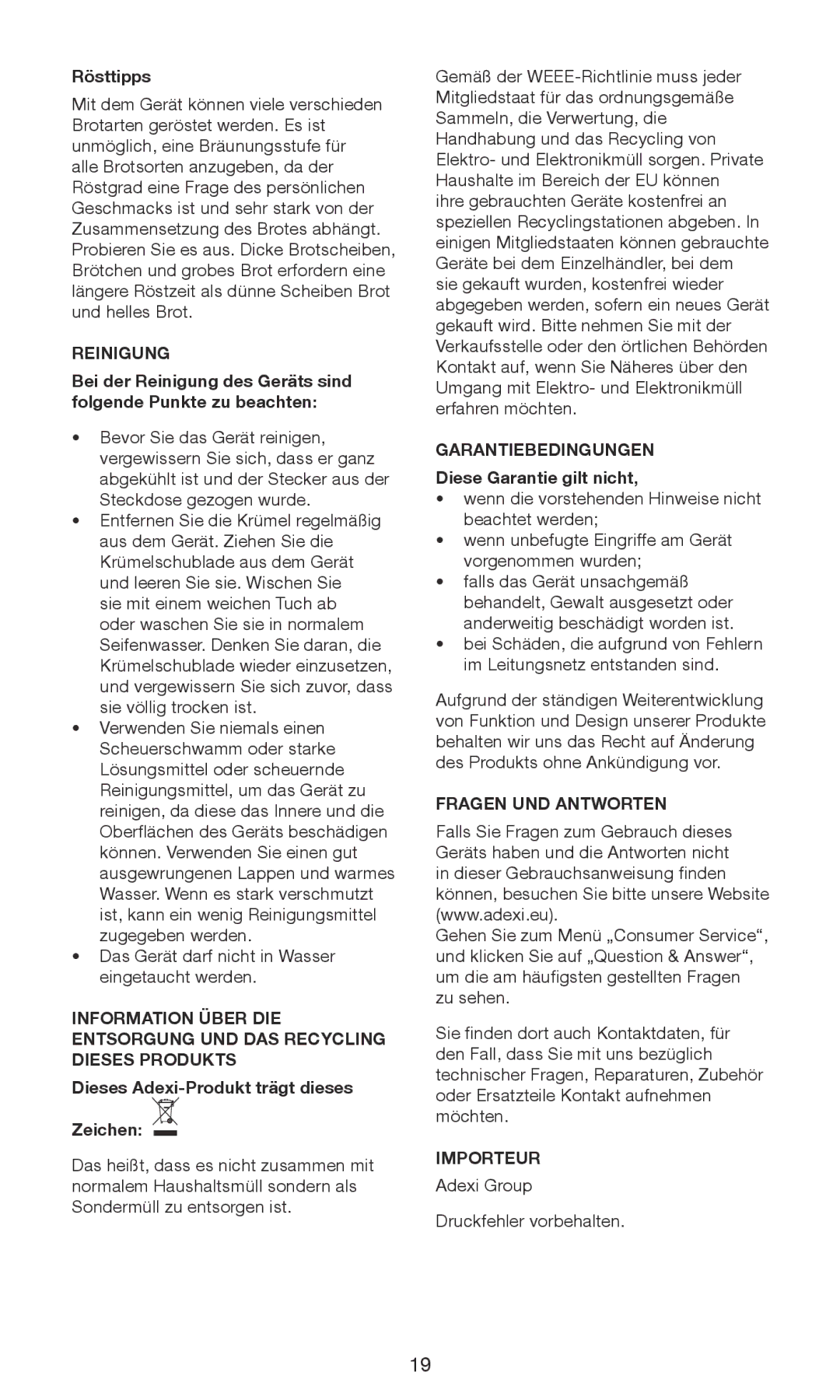 Melissa 243-056 manual Reinigung, Garantiebedingungen, Fragen UND Antworten, Importeur 