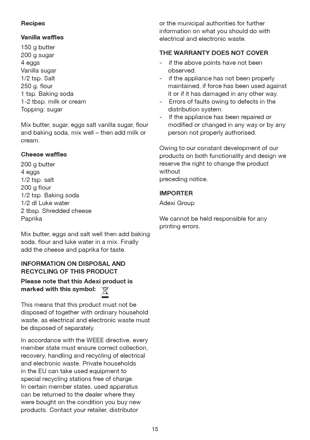 Melissa 243-060 Recipes Vanilla waffles, Cheese waffles, Information on Disposal and Recycling of this Product, Importer 