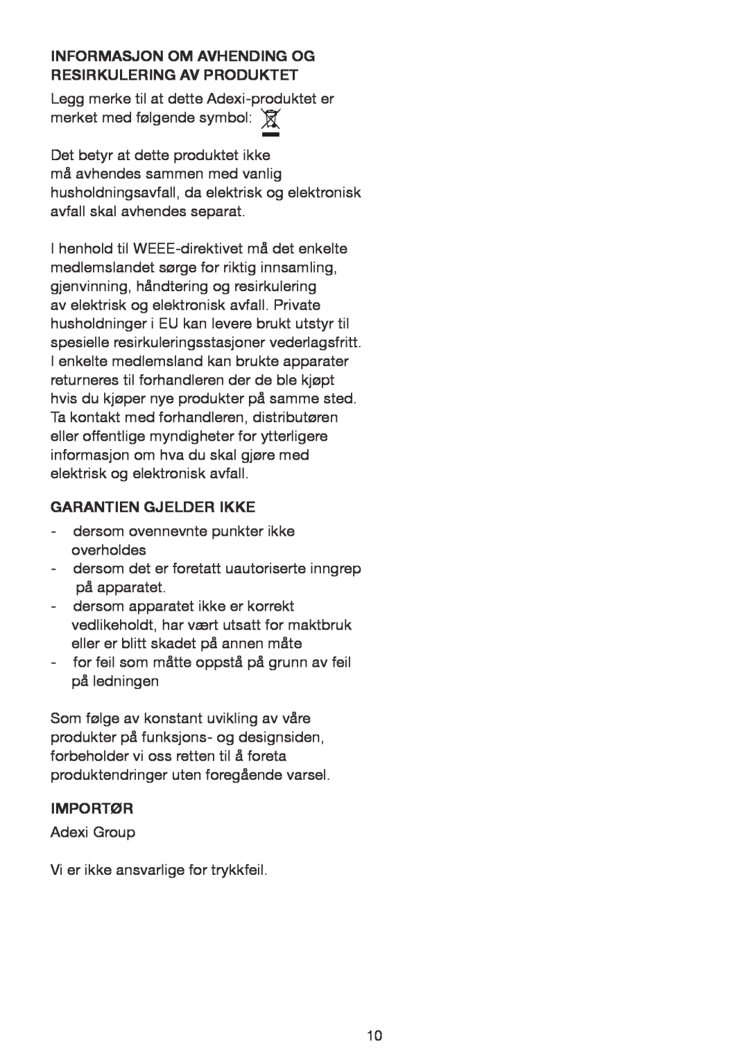 Melissa 243-061, 243-060 manual Informasjon Om Avhending Og Resirkulering Av Produktet, Garantien Gjelder Ikke, Importør 