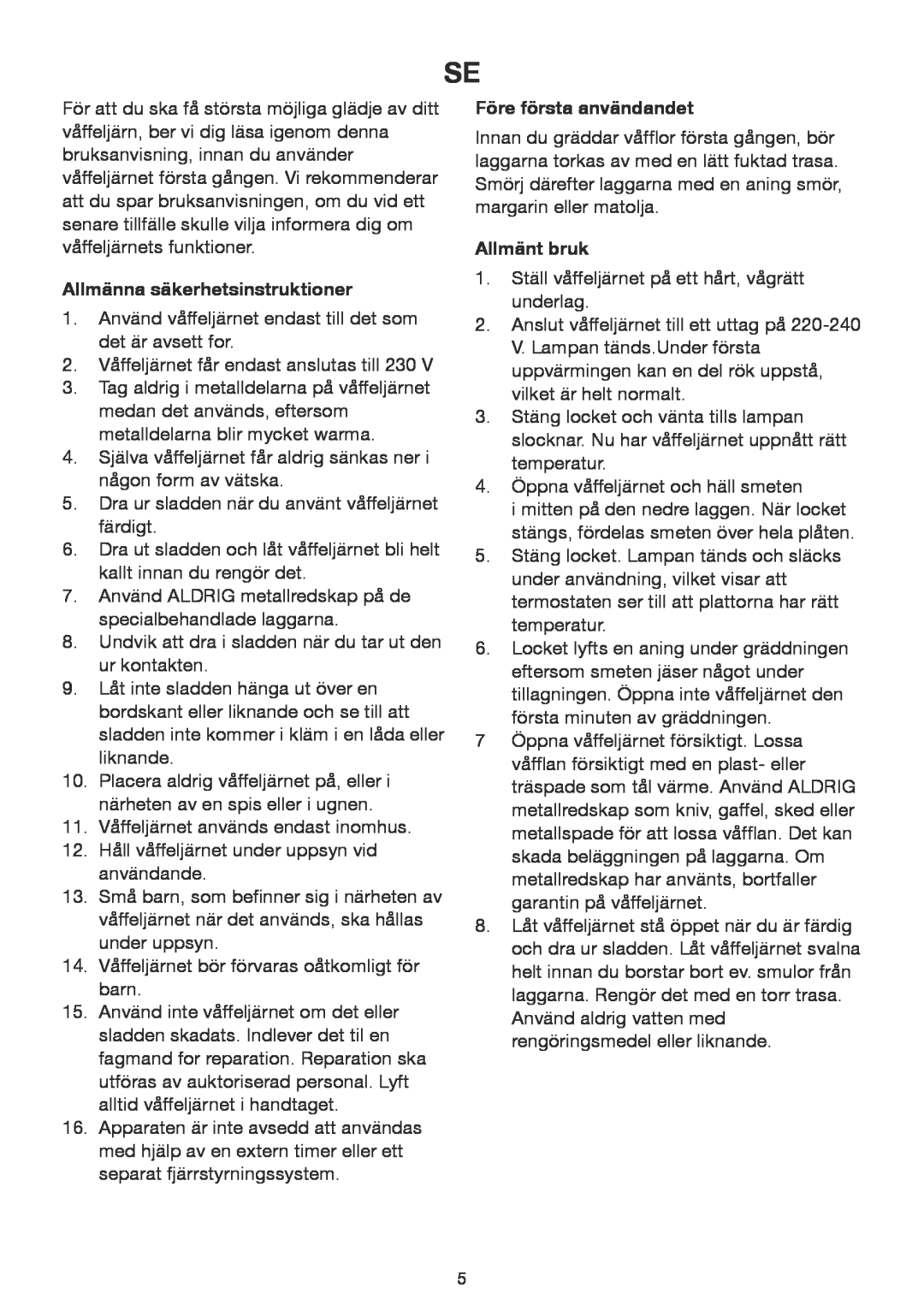 Melissa 243-060, 243-061 manual Allmänna säkerhetsinstruktioner, Före första användandet, Allmänt bruk 