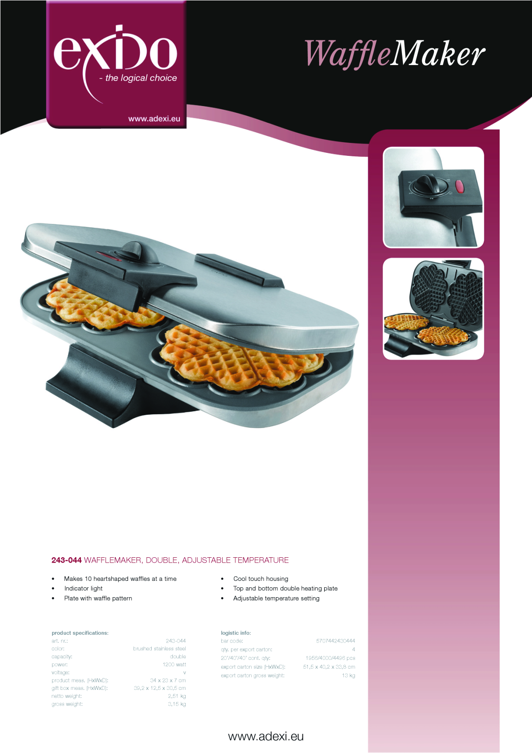 Melissa 243044 specifications WaffleMaker, the logical choice, Makes 10 heartshaped waffles at a time, Cool touch housing 