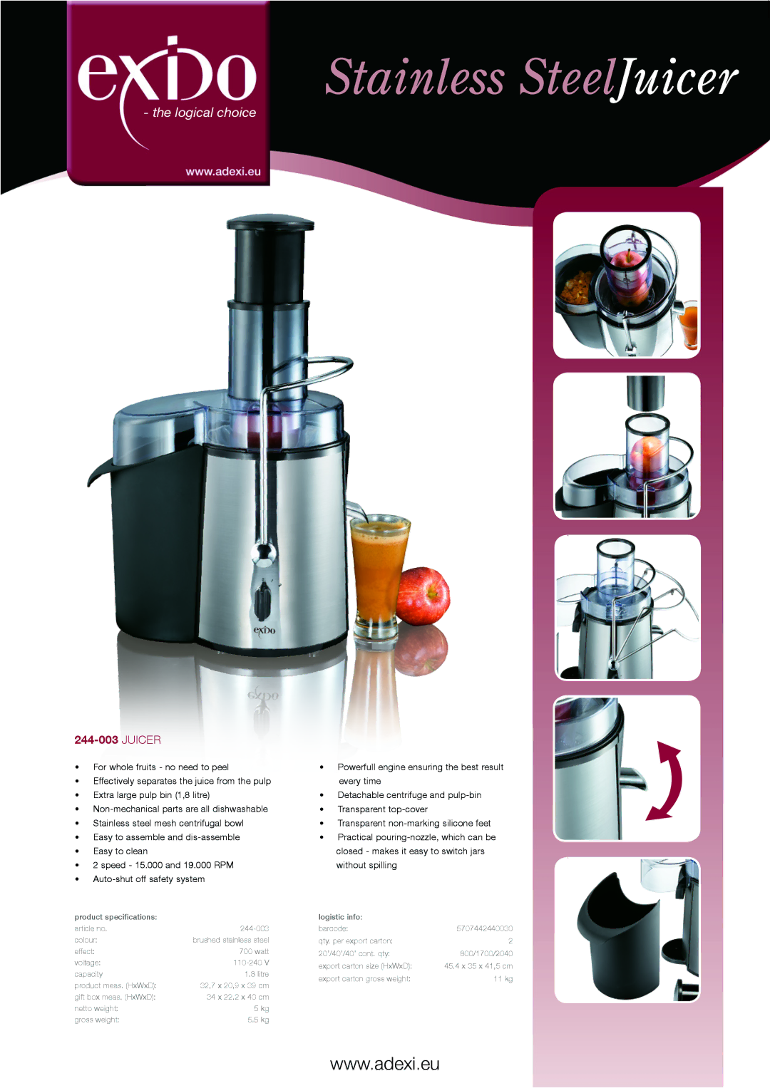 Melissa 244-003 specifications Stainless SteelJuicer, Logical choice 