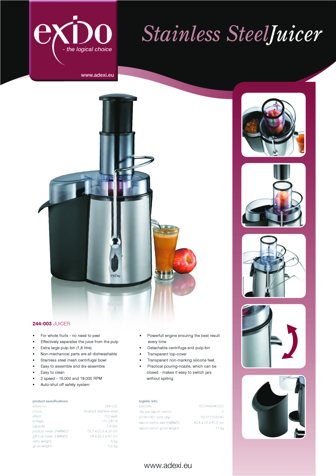 Melissa 244-003 specifications Stainless SteelJuicer, the logical choice 