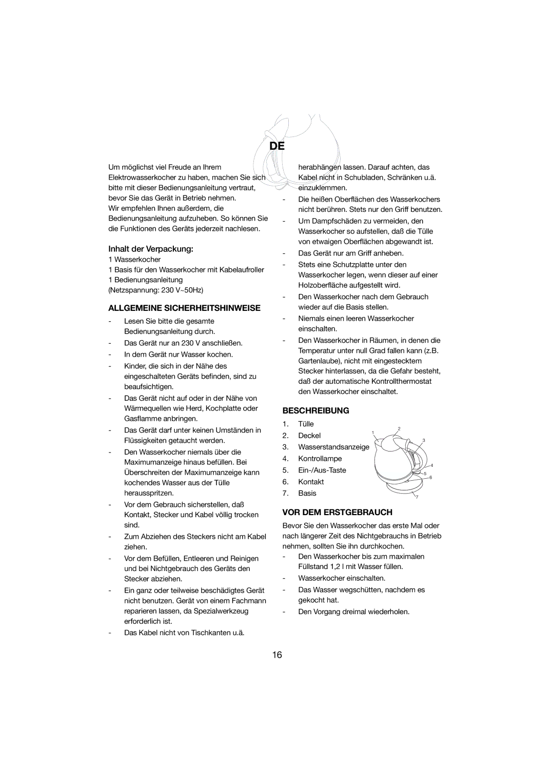 Melissa 245-005 manual Inhalt der Verpackung, Allgemeine Sicherheitshinweise, Beschreibung, VOR DEM Erstgebrauch 