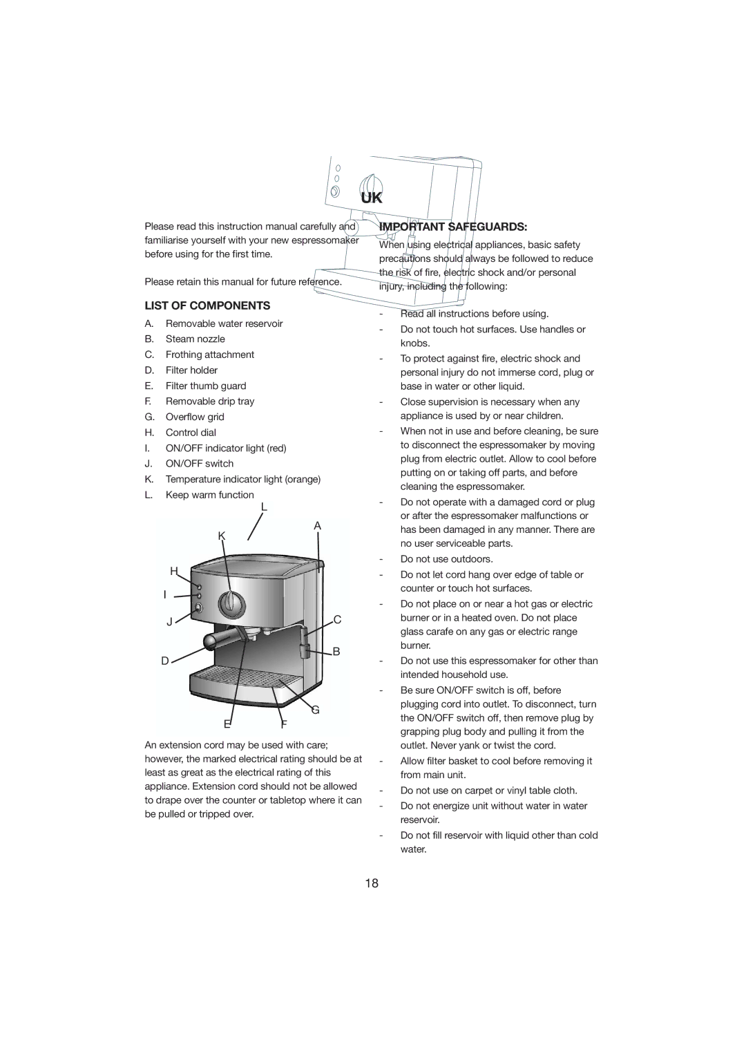 Melissa 245-007 Important Safeguards, List of Components, Please retain this manual for future reference 