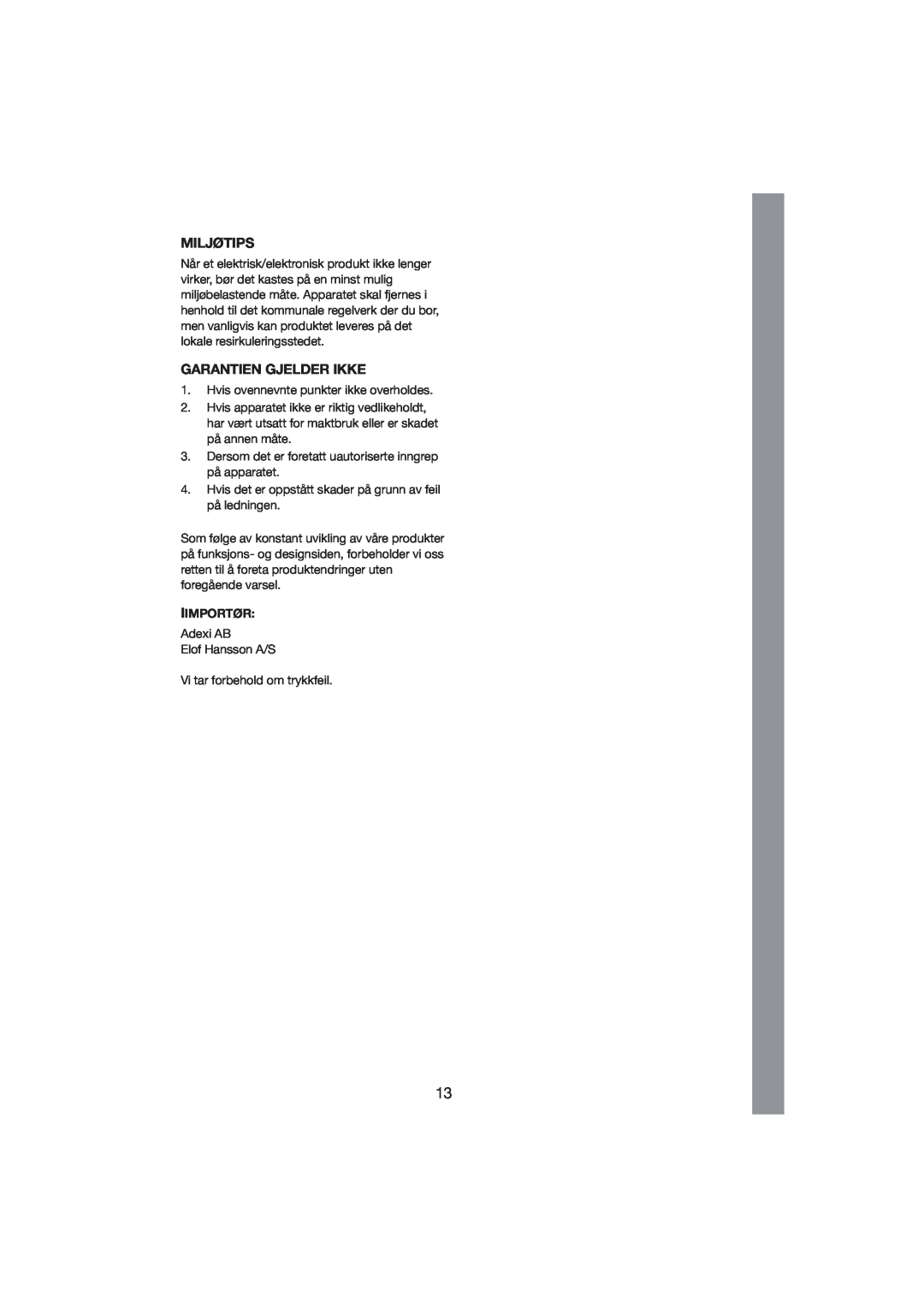 Melissa 245-007 manual Garantien Gjelder Ikke, Iimportør, Miljøtips 