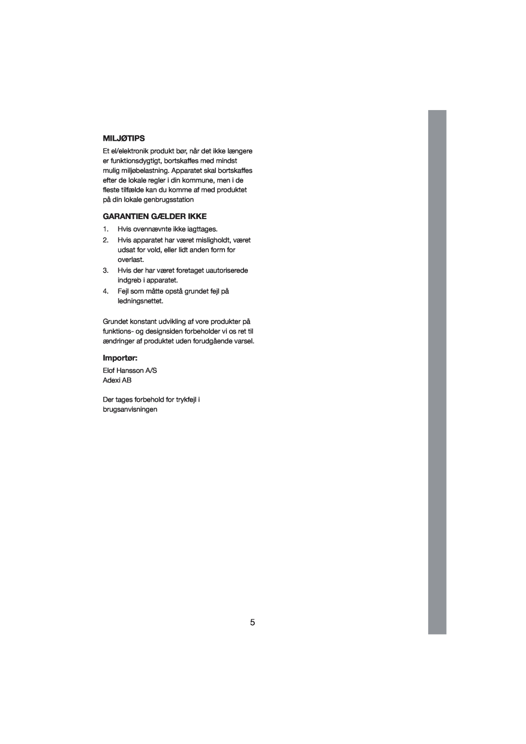 Melissa 245-007 manual Miljøtips, Garantien Gælder Ikke, Importør 