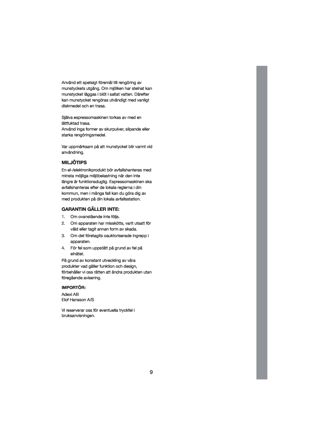 Melissa 245-007 manual Miljötips, Garantin Gäller Inte, Importör 